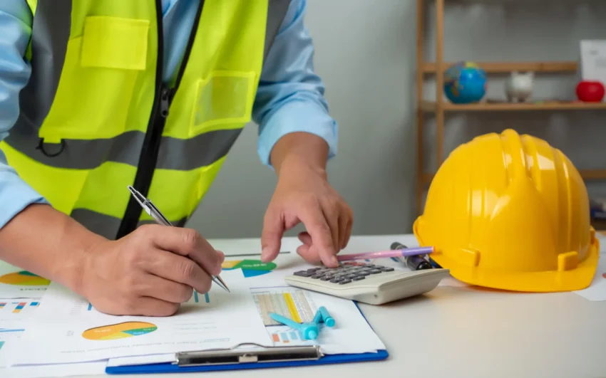Construction engineer calculating project costs at desk
