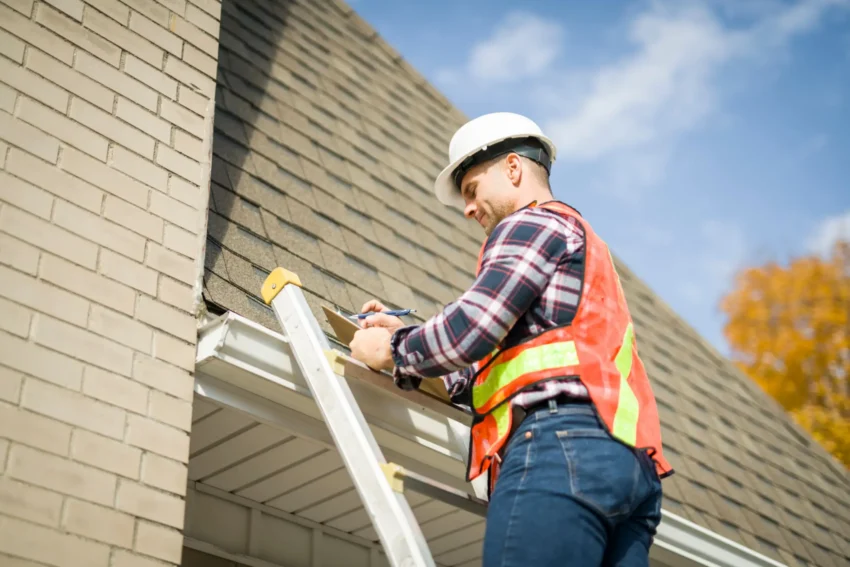 Construction worker inspecting house gutter on ladder