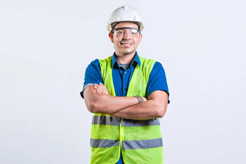 Smiling construction worker in hard hat and vest